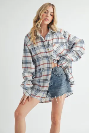 White Plaid Button Up Flannel Shirt with Chest Pocket