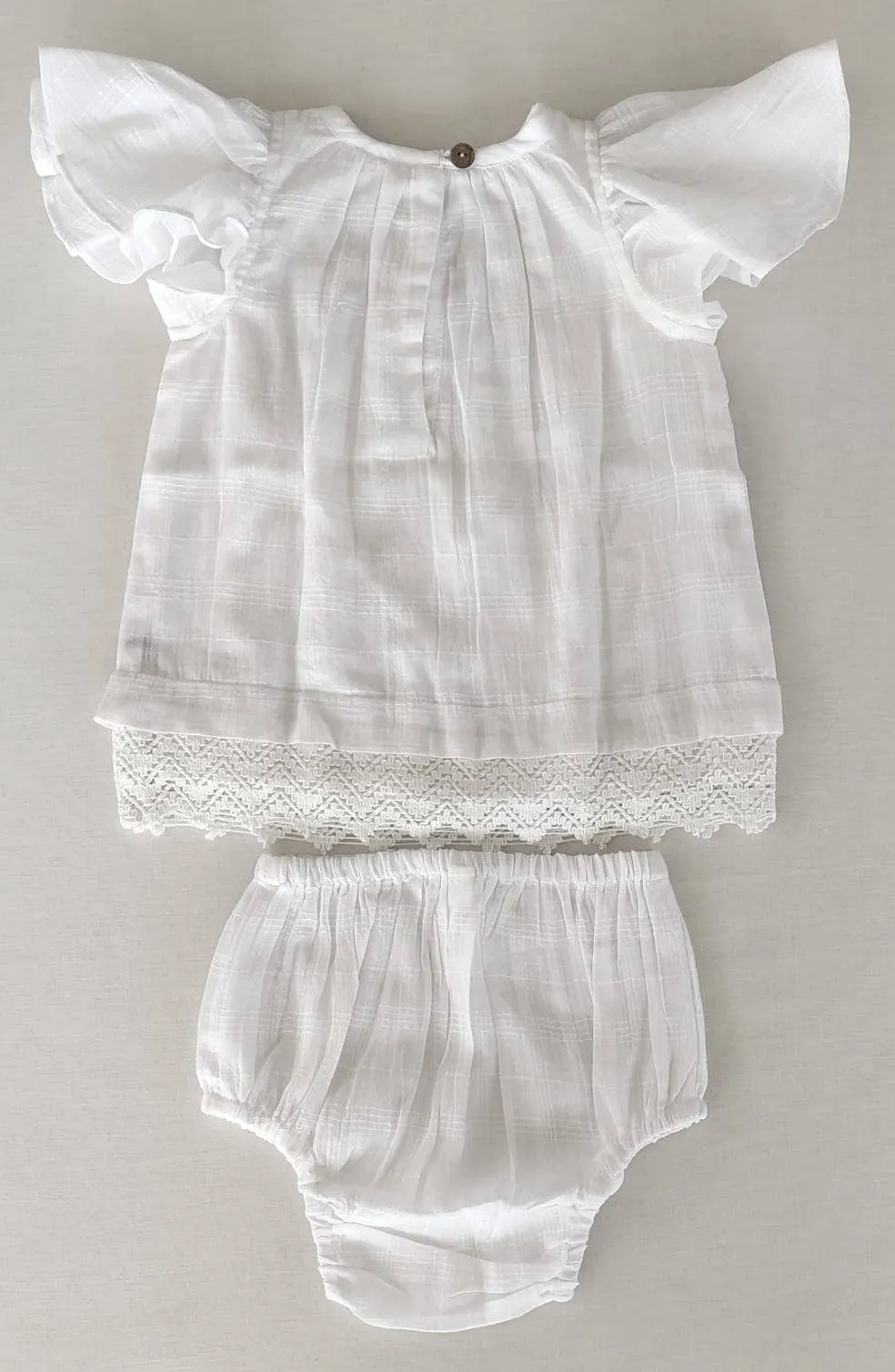 White Textured Plaid Dress with Cap Sleeves & Lace