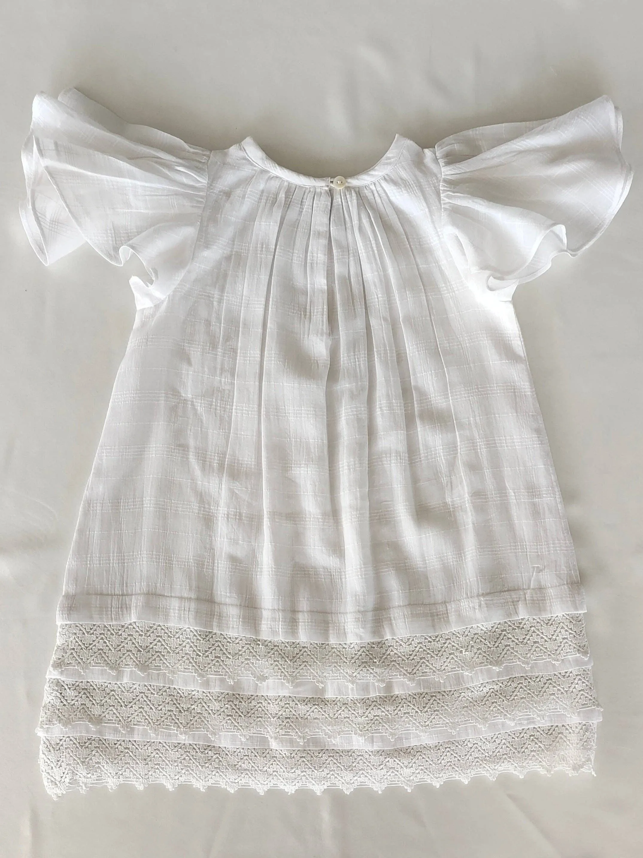 White Textured Plaid Dress with Cap Sleeves & Lace