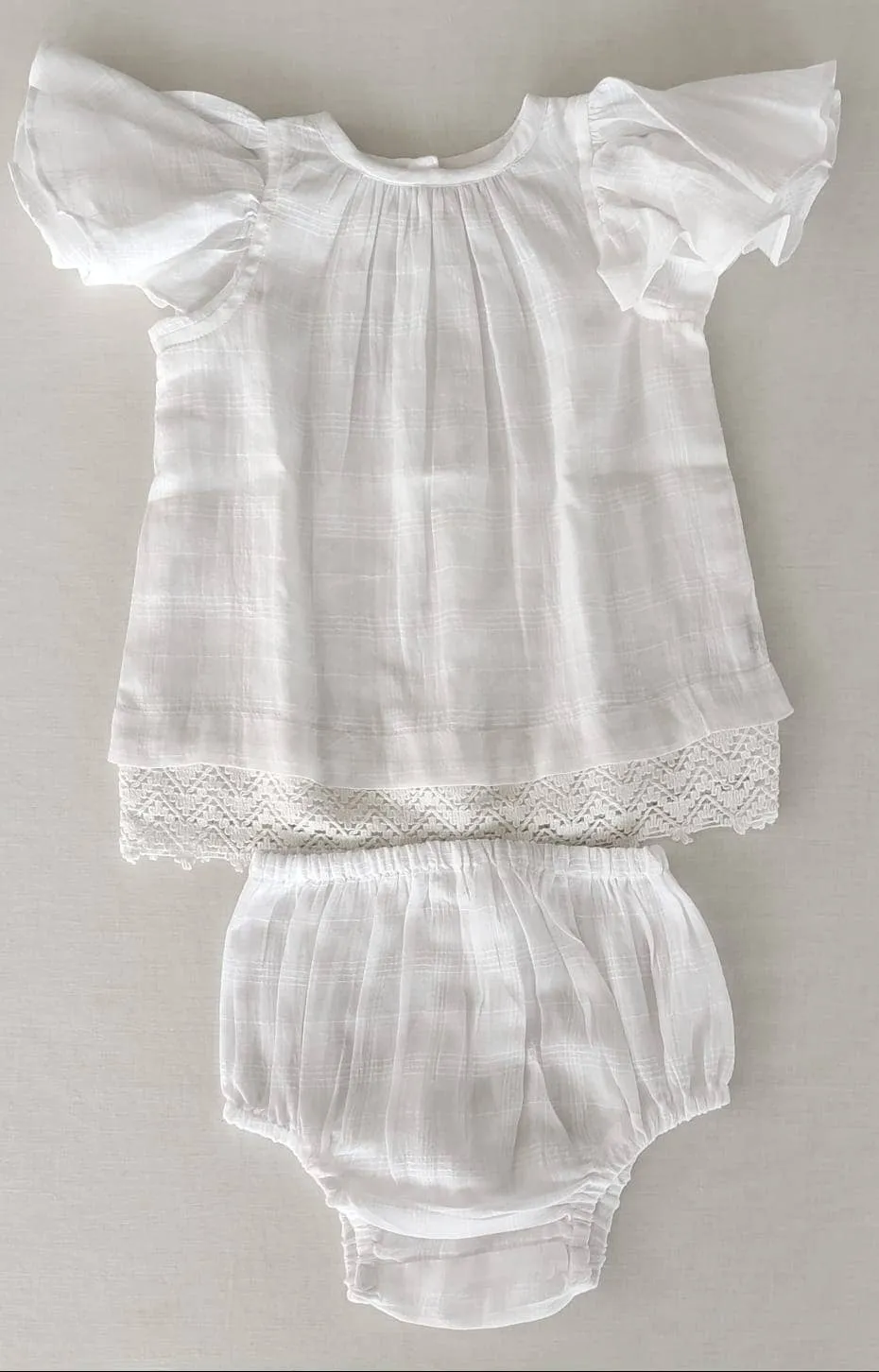 White Textured Plaid Dress with Cap Sleeves & Lace