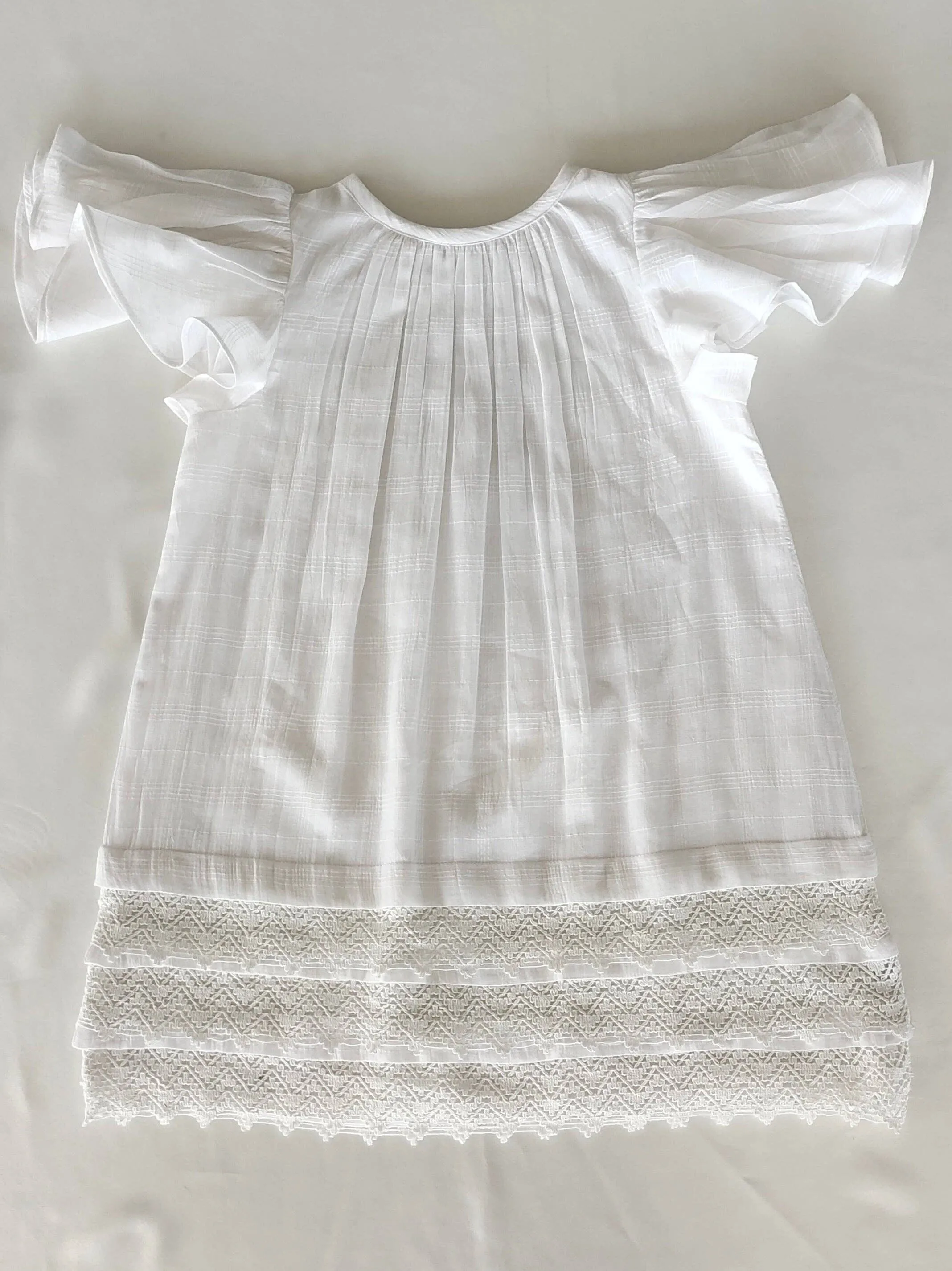 White Textured Plaid Dress with Cap Sleeves & Lace