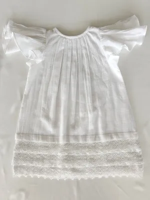 White Textured Plaid Dress with Cap Sleeves & Lace