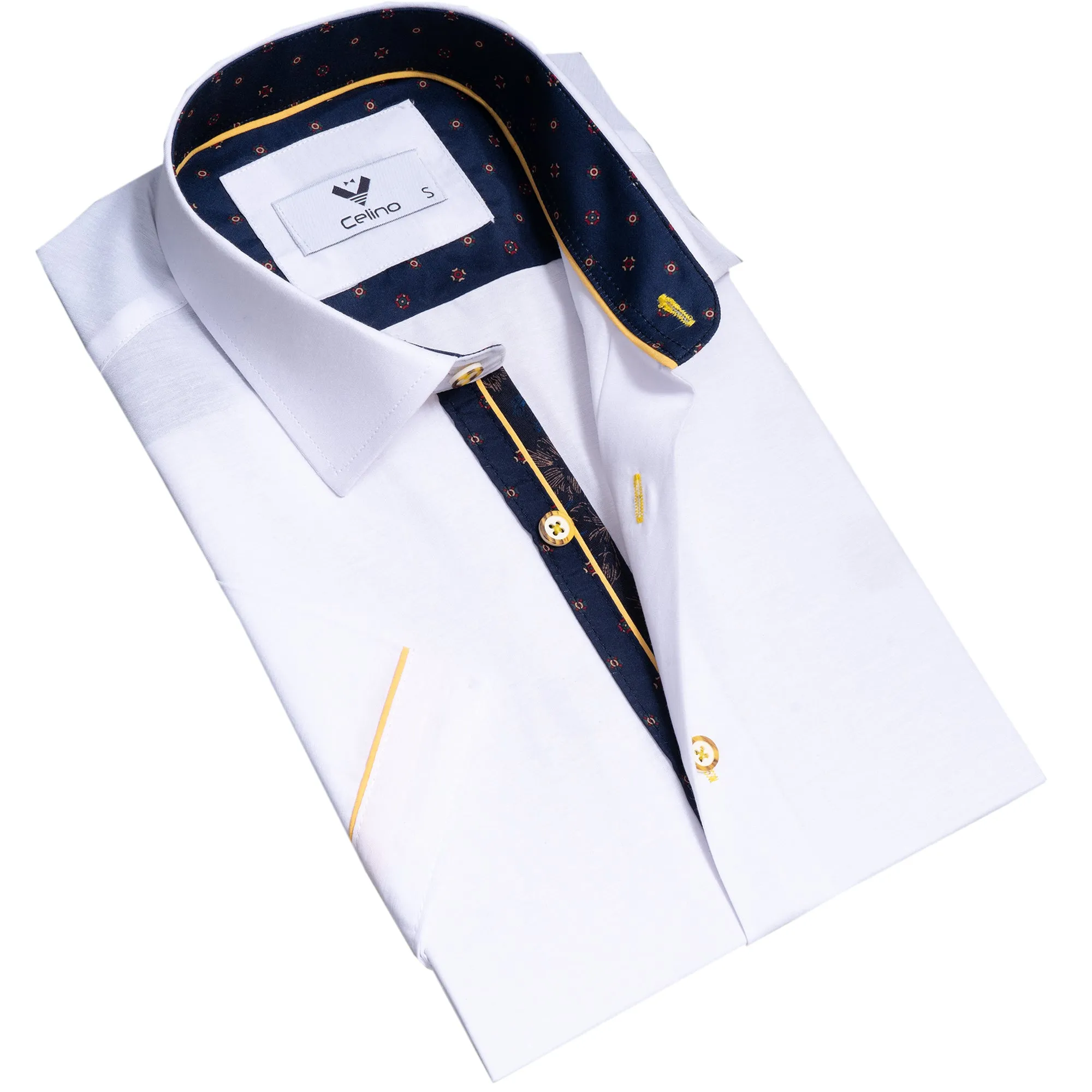 White with Blue and Yellow Short Sleeve Button up Shirts for Men - Tailored Slim Fit Cotton Dress Shirts