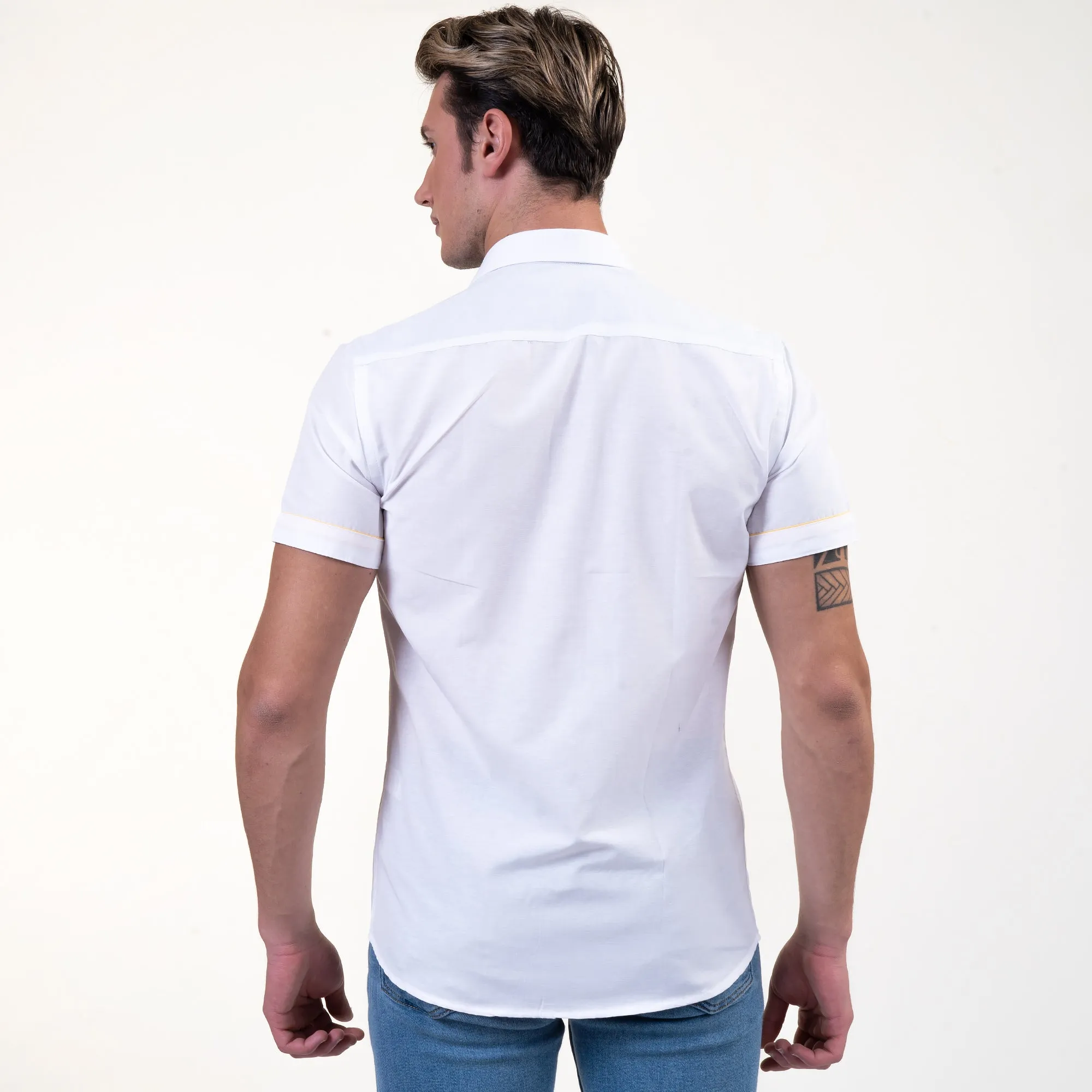 White with Blue and Yellow Short Sleeve Button up Shirts for Men - Tailored Slim Fit Cotton Dress Shirts