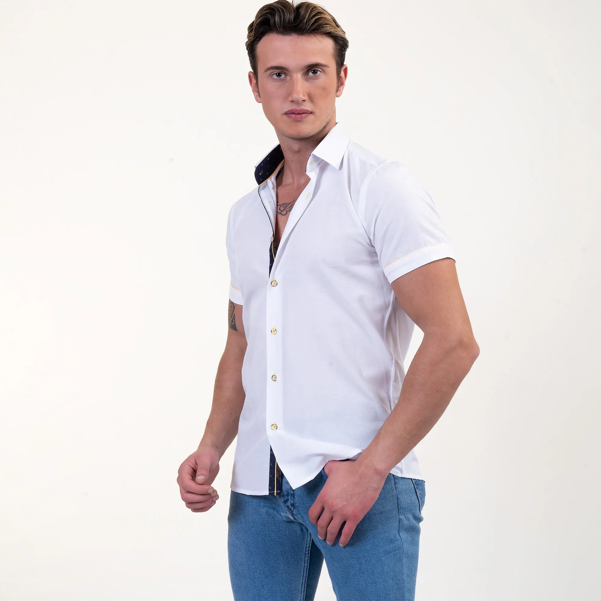 White with Blue and Yellow Short Sleeve Button up Shirts for Men - Tailored Slim Fit Cotton Dress Shirts