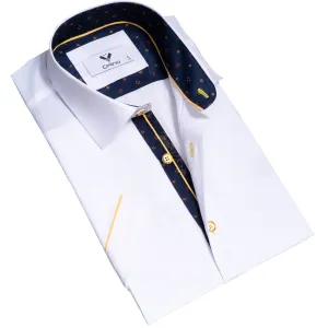 White with Blue and Yellow Short Sleeve Button up Shirts for Men - Tailored Slim Fit Cotton Dress Shirts