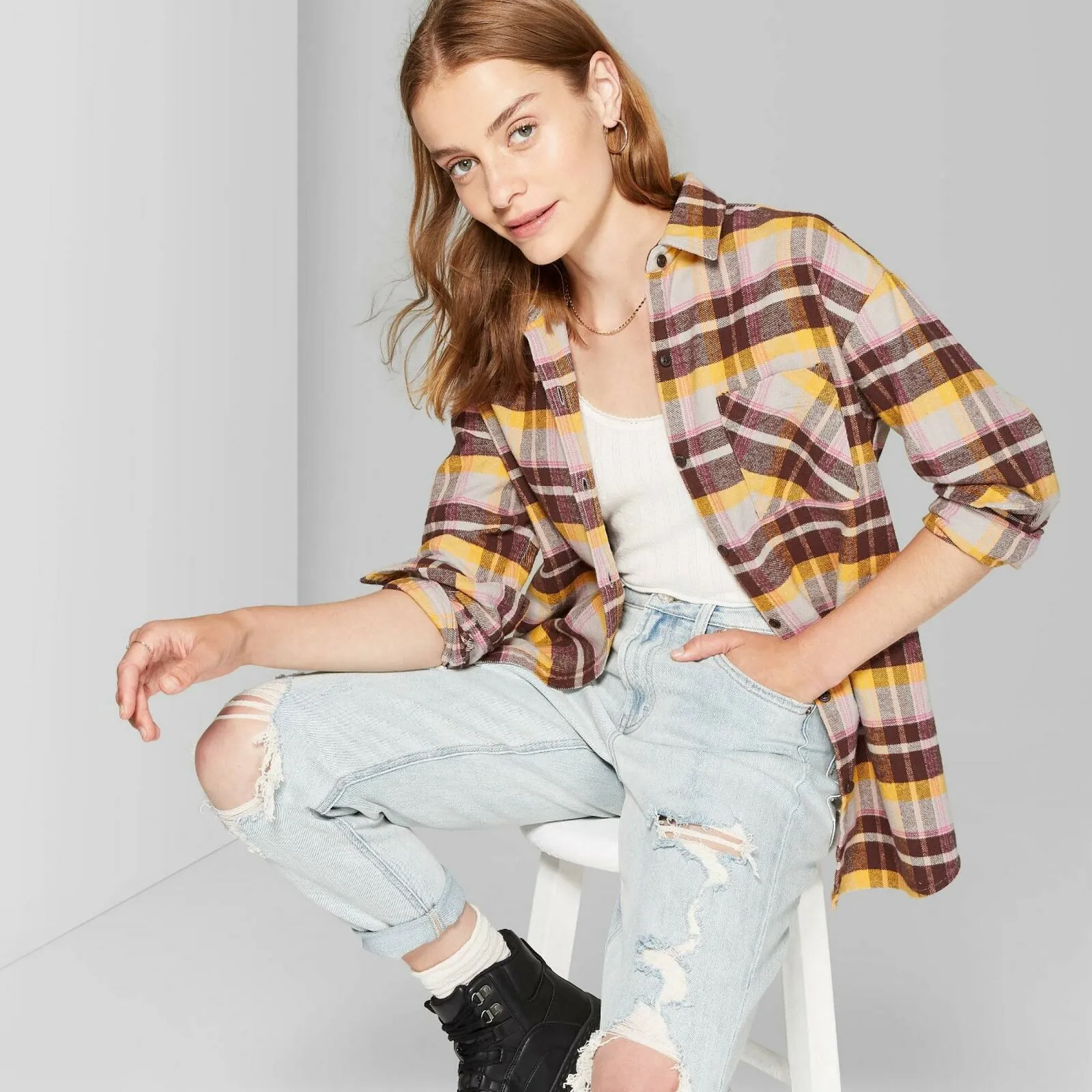 Wild Fable Women's Plaid Long Sleeve Button Down Heavyweight Flannel Shirt