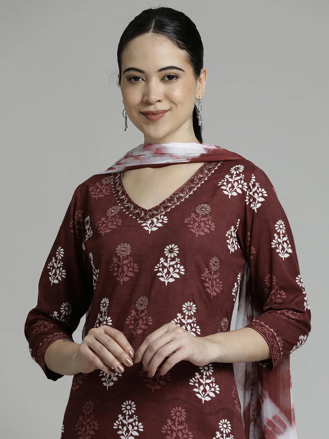 Wine Ethnic Motif Printed Pure Cotton Suit Set