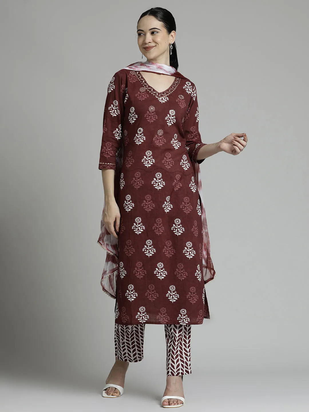 Wine Ethnic Motif Printed Pure Cotton Suit Set