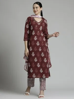 Wine Ethnic Motif Printed Pure Cotton Suit Set