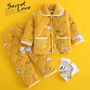 Winter Children's Three-layer Quilted Pajamas Flannel Girls and Boys Coral Fleece Suit Baby Thickened Solid Color Home Service