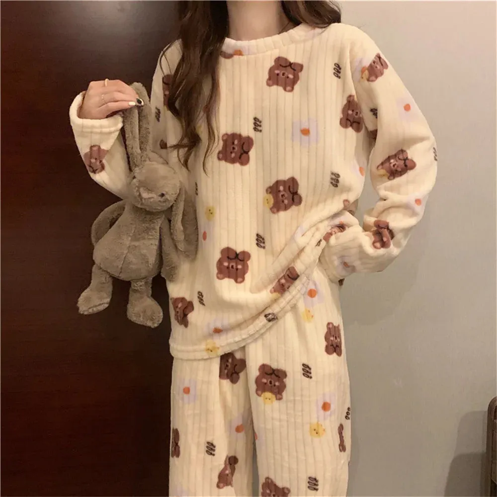 Winter Warm Flannel Fleecing Women Pyjamas Sets Thick Coral Velvet Long Sleeve Cartoon Sleepwear 2pcs Flannel Pajamas Set