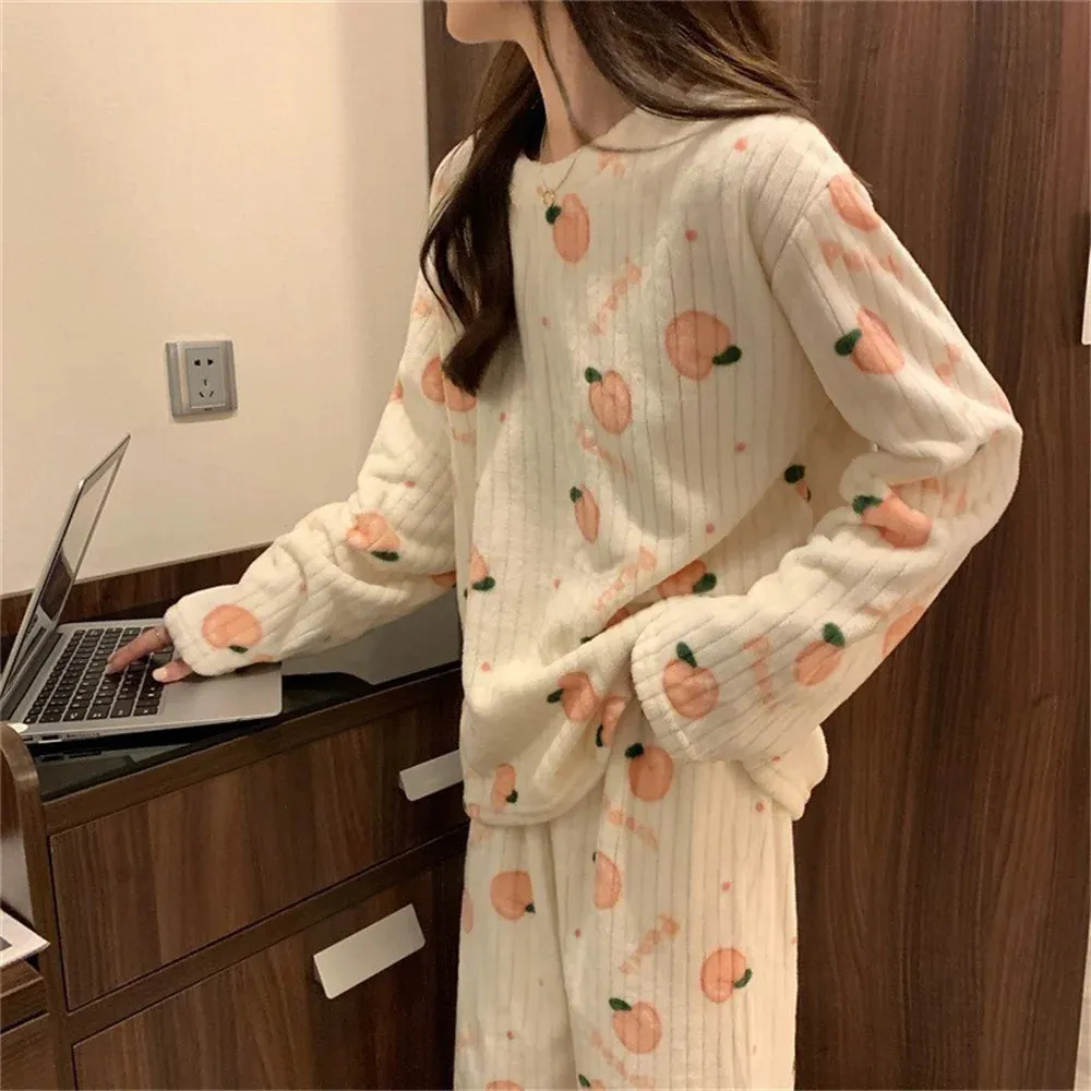 Winter Warm Flannel Fleecing Women Pyjamas Sets Thick Coral Velvet Long Sleeve Cartoon Sleepwear 2pcs Flannel Pajamas Set