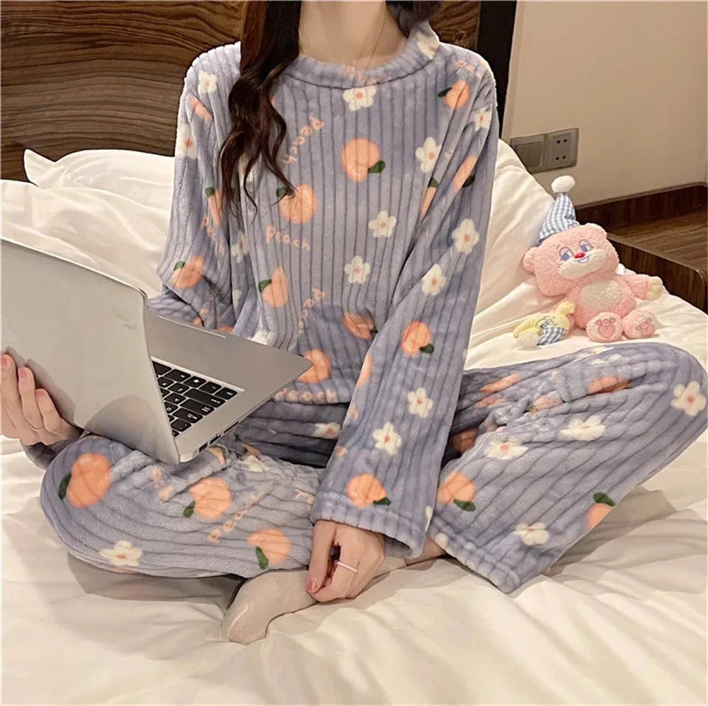 Winter Warm Flannel Fleecing Women Pyjamas Sets Thick Coral Velvet Long Sleeve Cartoon Sleepwear 2pcs Flannel Pajamas Set