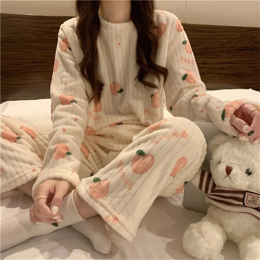 Winter Warm Flannel Fleecing Women Pyjamas Sets Thick Coral Velvet Long Sleeve Cartoon Sleepwear 2pcs Flannel Pajamas Set