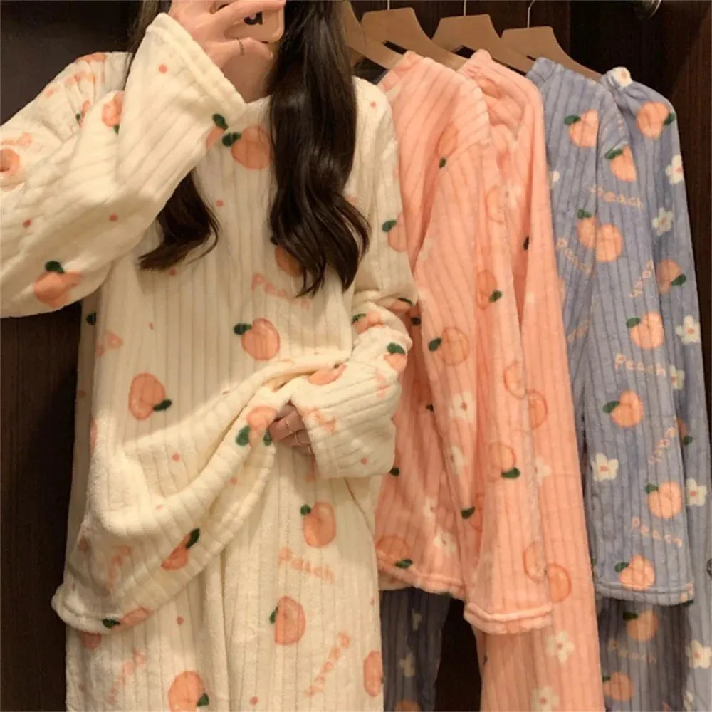 Winter Warm Flannel Fleecing Women Pyjamas Sets Thick Coral Velvet Long Sleeve Cartoon Sleepwear 2pcs Flannel Pajamas Set