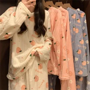 Winter Warm Flannel Fleecing Women Pyjamas Sets Thick Coral Velvet Long Sleeve Cartoon Sleepwear 2pcs Flannel Pajamas Set