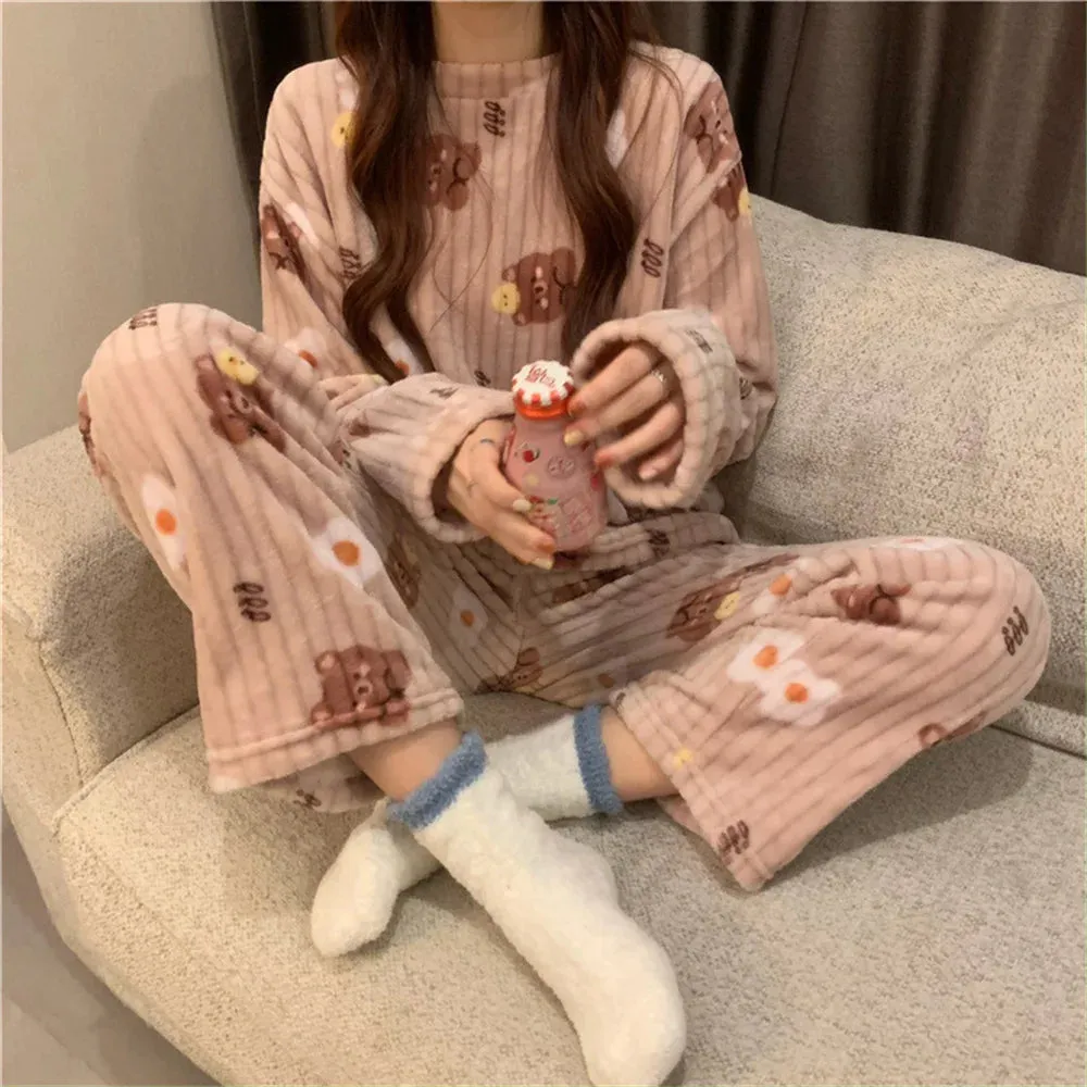 Winter Warm Flannel Fleecing Women Pyjamas Sets Thick Coral Velvet Long Sleeve Cartoon Sleepwear 2pcs Flannel Pajamas Set