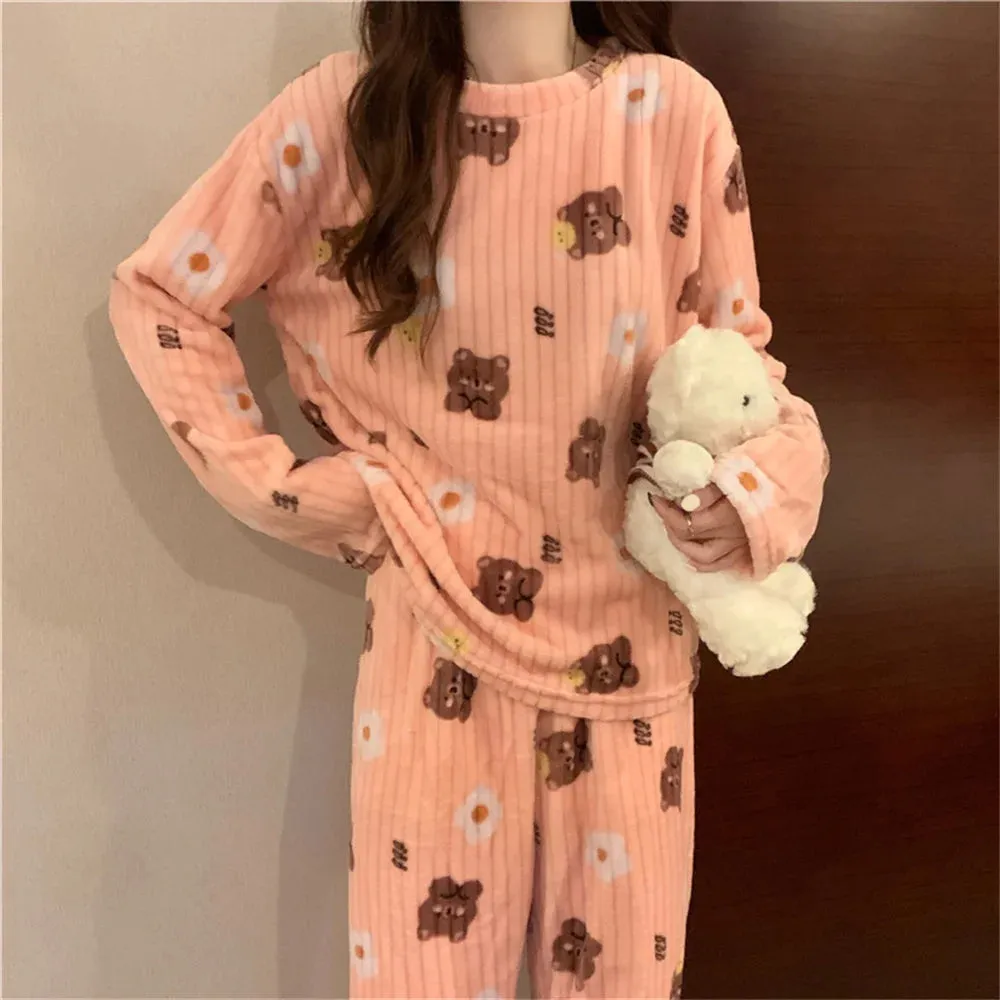Winter Warm Flannel Fleecing Women Pyjamas Sets Thick Coral Velvet Long Sleeve Cartoon Sleepwear 2pcs Flannel Pajamas Set