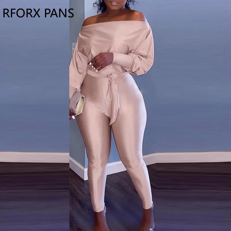 Women Elegant Off Shoulder Long Sleeves Solid Bodycon Skinny Leg with Belt Jumpsuit