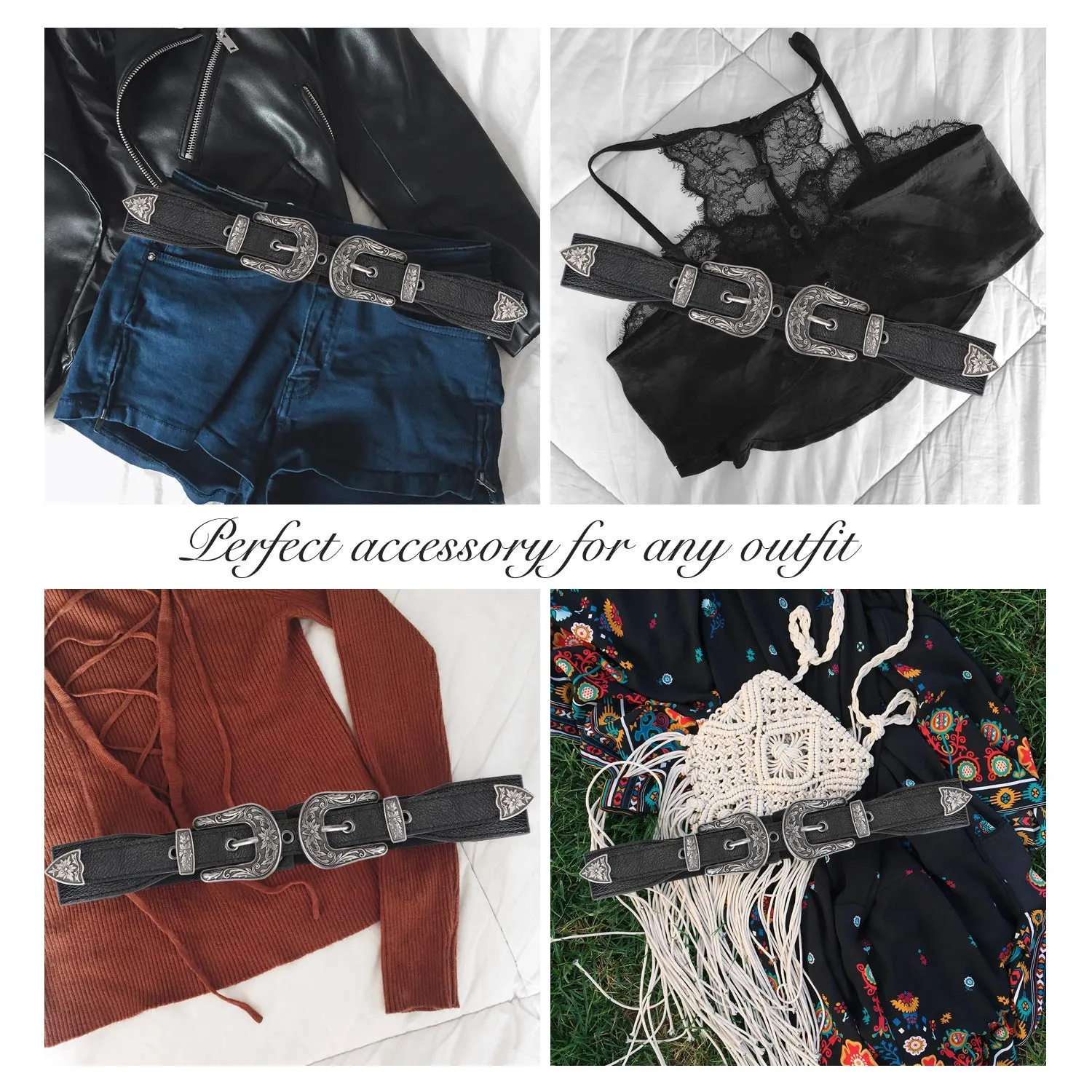 Women Leather Belts Ladies Vintage Western Design Black Waist Belt for Pants Jeans Dresses