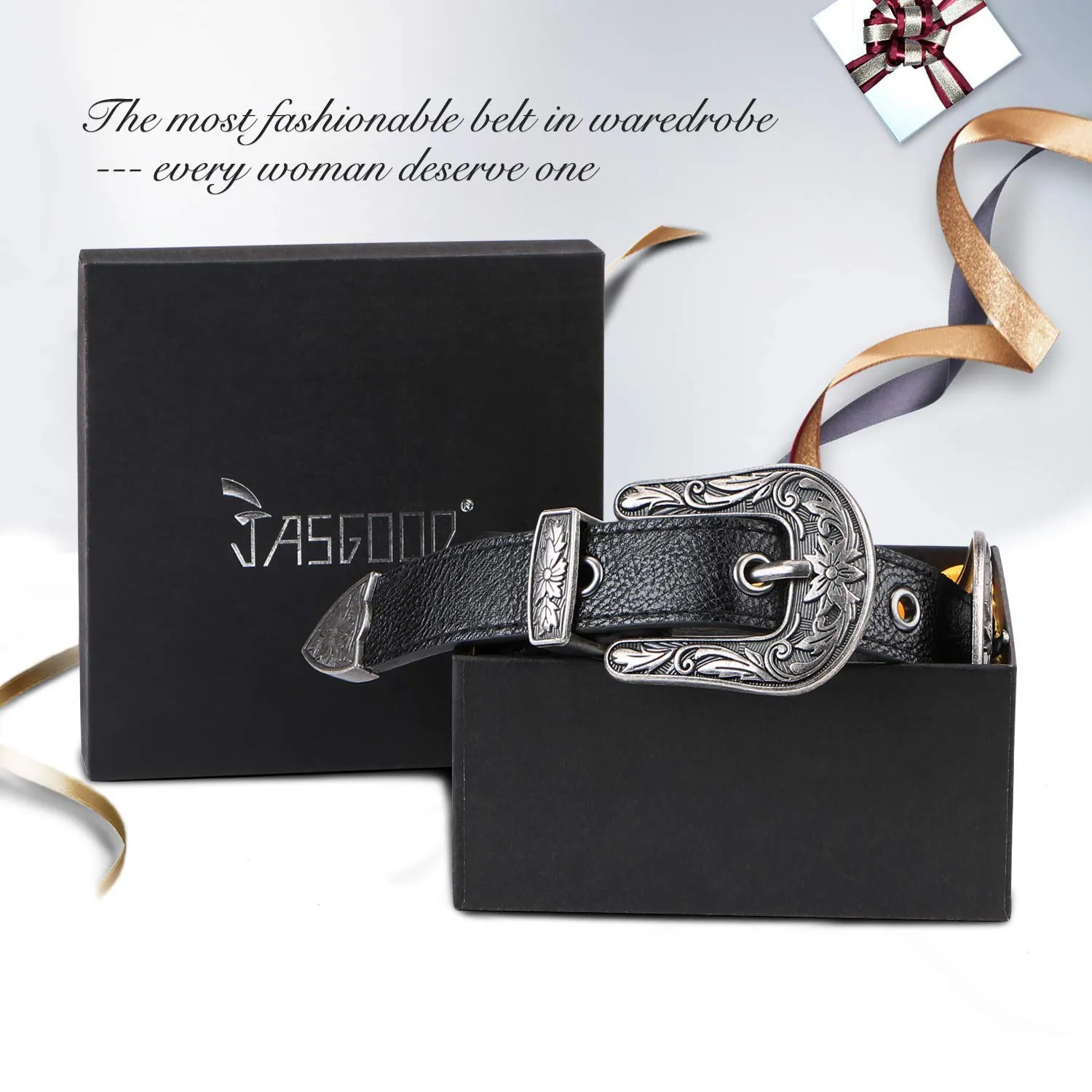 Women Leather Belts Ladies Vintage Western Design Black Waist Belt for Pants Jeans Dresses
