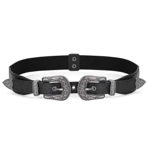 Women Leather Belts Ladies Vintage Western Design Black Waist Belt for Pants Jeans Dresses