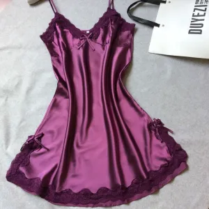 Women nightwear Sexy Mini nightgowns tempatation deep V straps skirts summer style silk lace sleepwear Night Dress