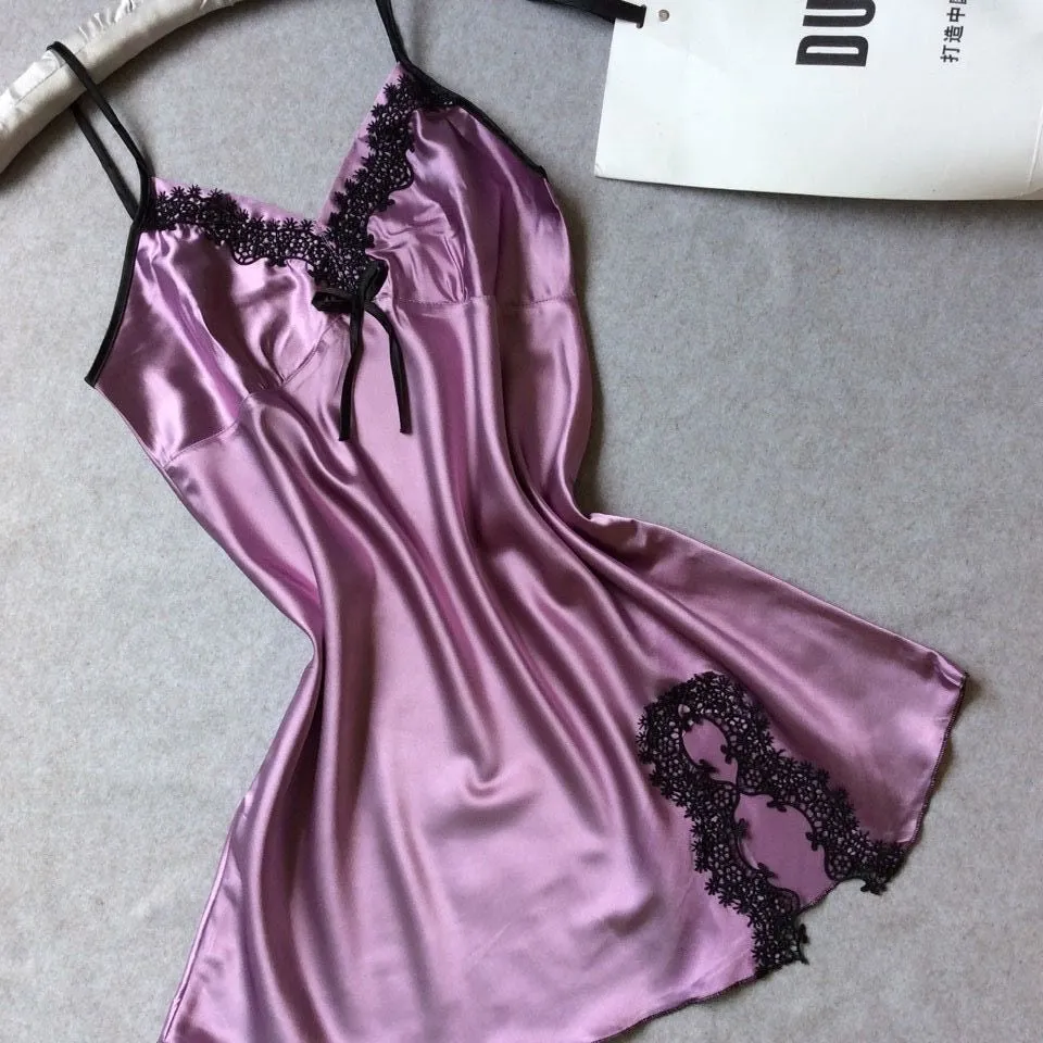Women nightwear Sexy Mini nightgowns tempatation deep V straps skirts summer style silk lace sleepwear Night Dress