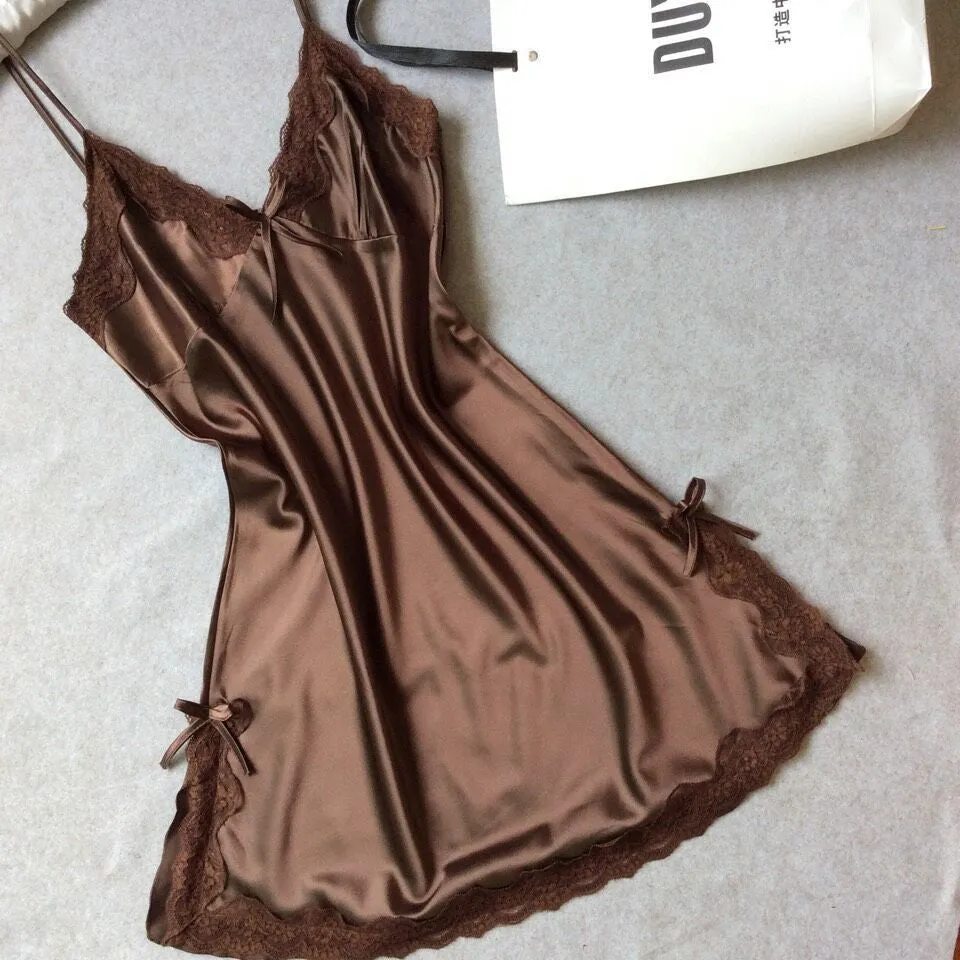 Women nightwear Sexy Mini nightgowns tempatation deep V straps skirts summer style silk lace sleepwear Night Dress