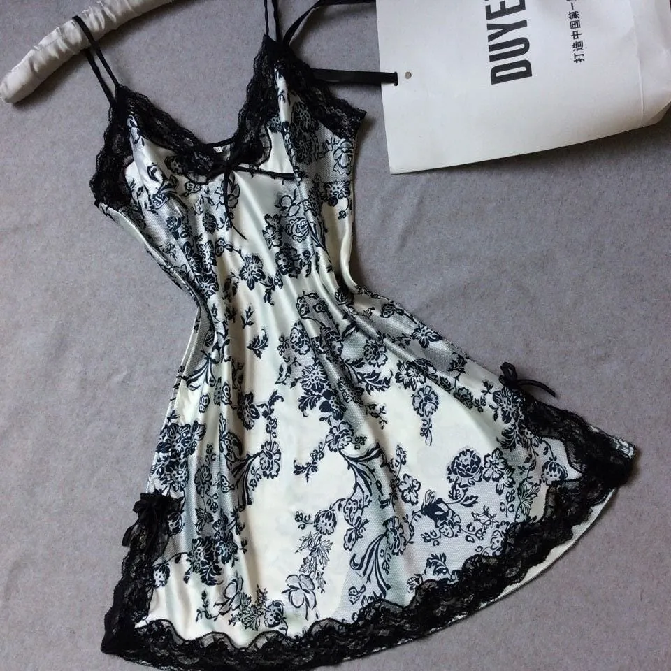 Women nightwear Sexy Mini nightgowns tempatation deep V straps skirts summer style silk lace sleepwear Night Dress