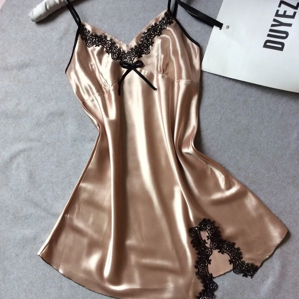 Women nightwear Sexy Mini nightgowns tempatation deep V straps skirts summer style silk lace sleepwear Night Dress