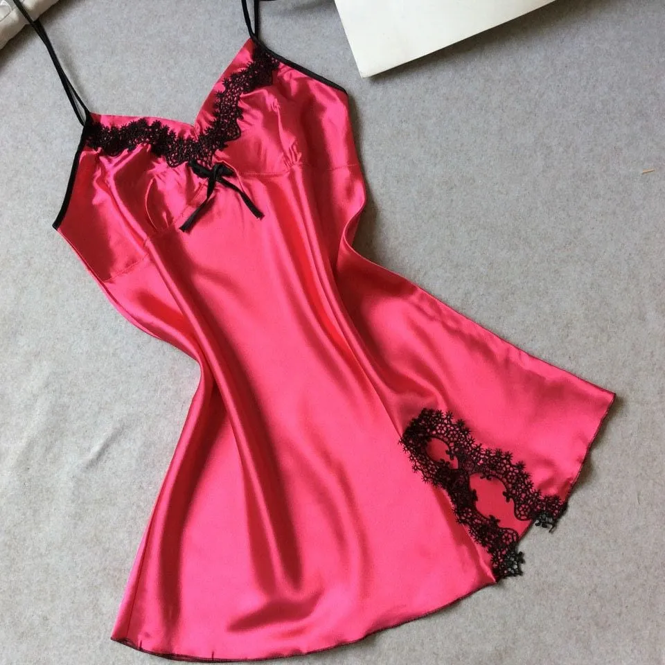 Women nightwear Sexy Mini nightgowns tempatation deep V straps skirts summer style silk lace sleepwear Night Dress