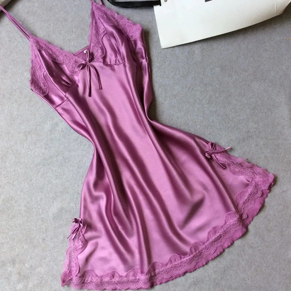 Women nightwear Sexy Mini nightgowns tempatation deep V straps skirts summer style silk lace sleepwear Night Dress