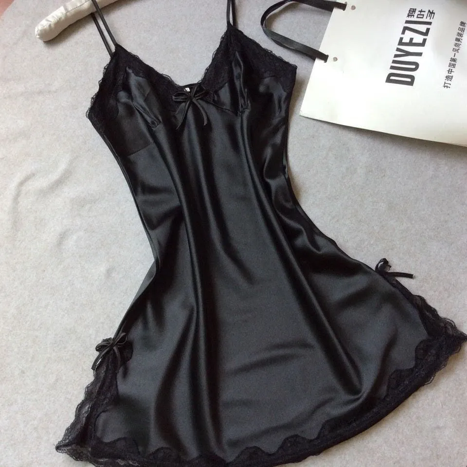 Women nightwear Sexy Mini nightgowns tempatation deep V straps skirts summer style silk lace sleepwear Night Dress