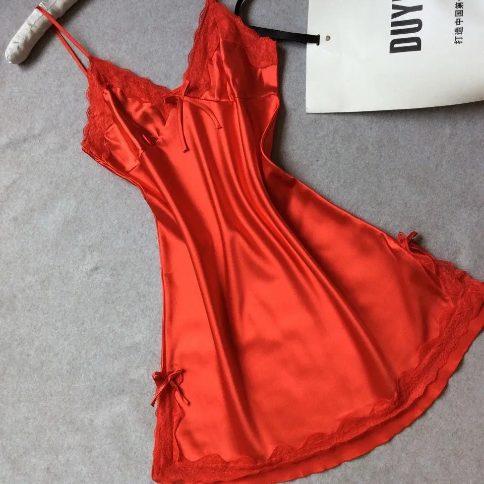 Women nightwear Sexy Mini nightgowns tempatation deep V straps skirts summer style silk lace sleepwear Night Dress