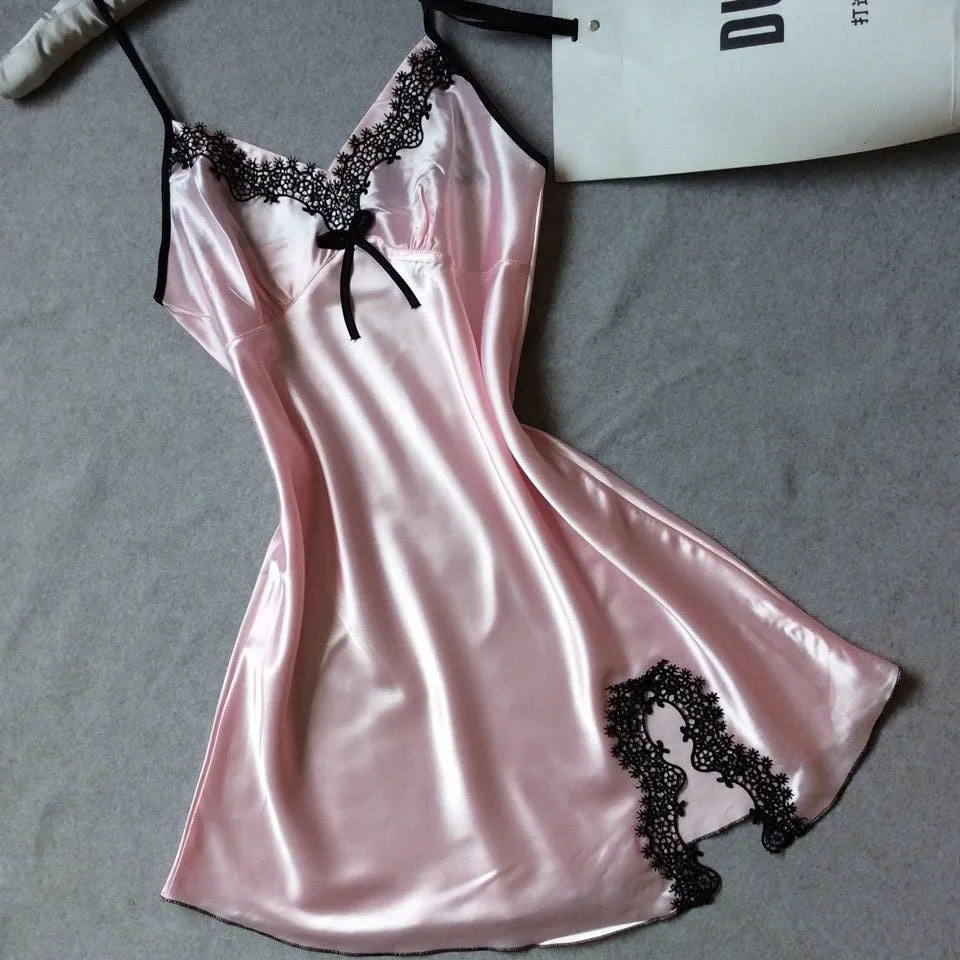 Women nightwear Sexy Mini nightgowns tempatation deep V straps skirts summer style silk lace sleepwear Night Dress