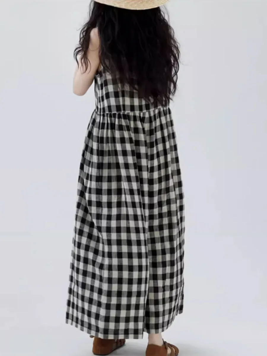 Women Summer Vintage Plaid Loose Wide-leg Jumpsuits