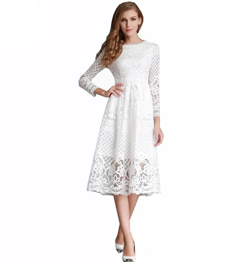 Women White Lace Hollow Out Long Dresses Femme Casual Clothing Women's Slim Party Dress