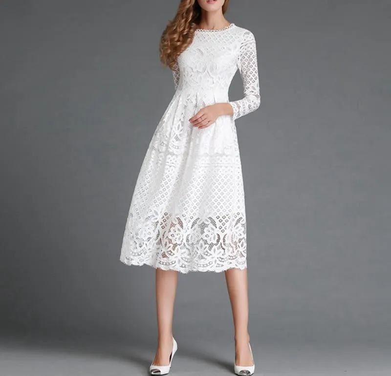 Women White Lace Hollow Out Long Dresses Femme Casual Clothing Women's Slim Party Dress