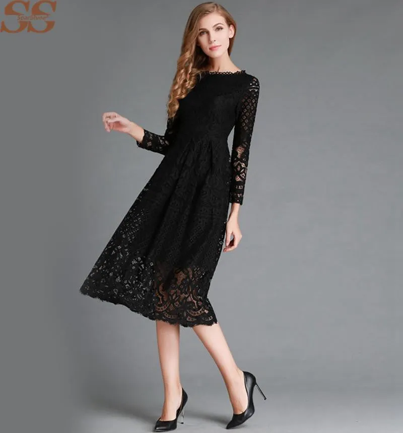 Women White Lace Hollow Out Long Dresses Femme Casual Clothing Women's Slim Party Dress