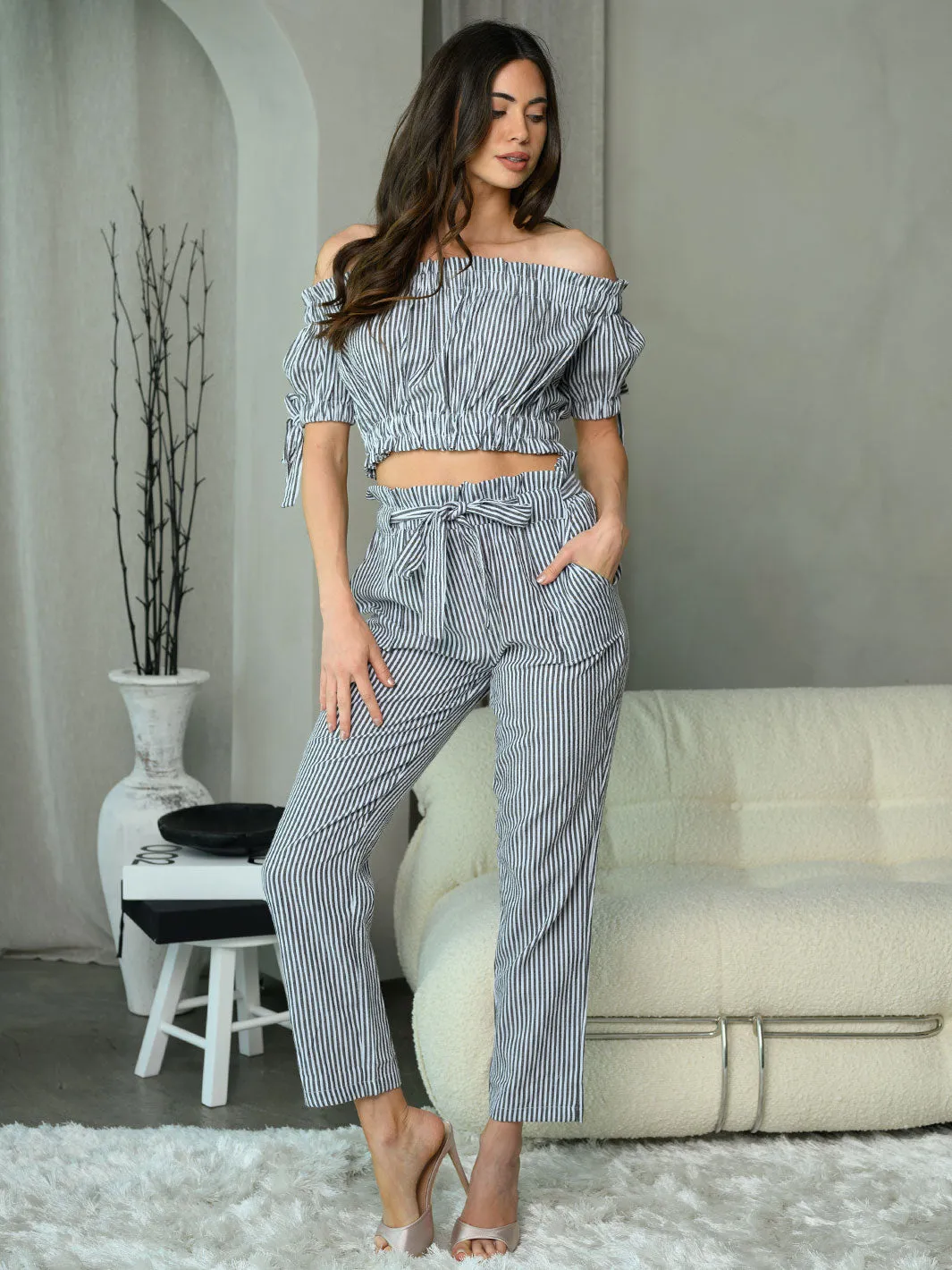 WOMEN'S 2PC. CROP TOP & PANTS PLAID SET