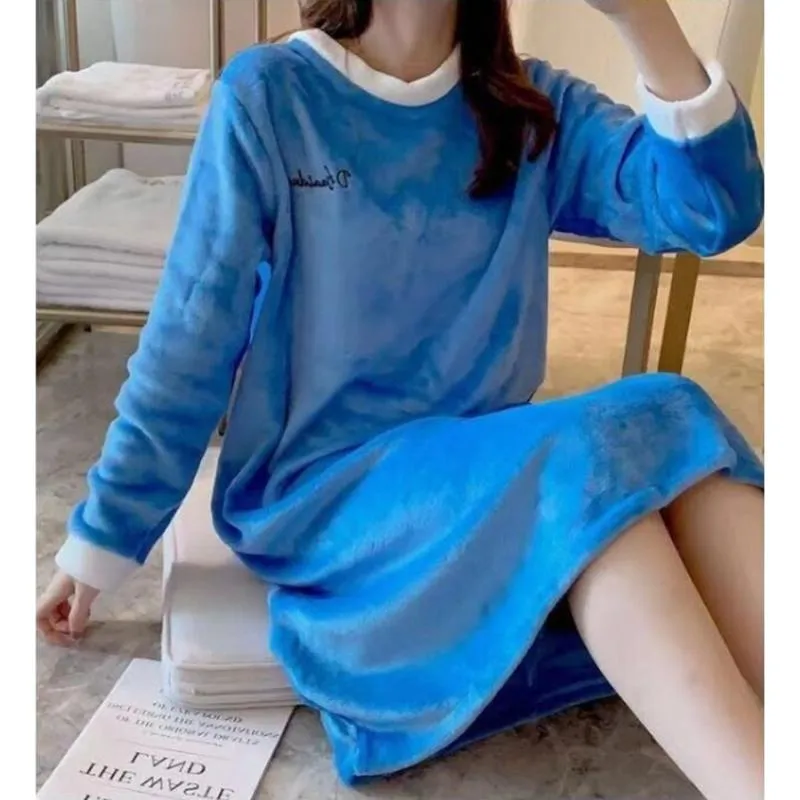 Women's Autumn Winter Flannel Thickened Pajamas Dresses Plus Size Loose Nightdress Simple Warm Homewear Solid Color Embroidered Nightdress