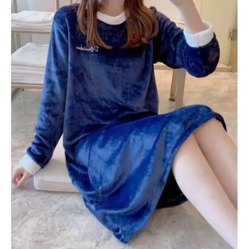 Women's Autumn Winter Flannel Thickened Pajamas Dresses Plus Size Loose Nightdress Simple Warm Homewear Solid Color Embroidered Nightdress