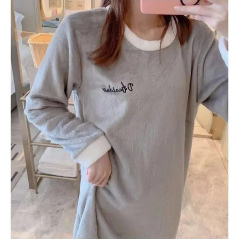Women's Autumn Winter Flannel Thickened Pajamas Dresses Plus Size Loose Nightdress Simple Warm Homewear Solid Color Embroidered Nightdress