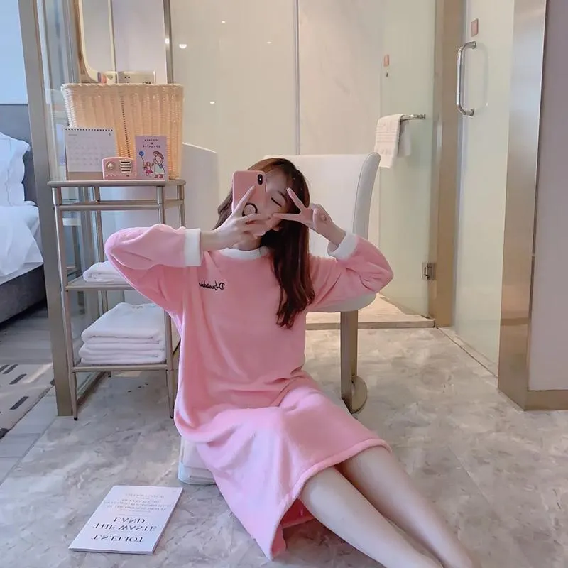 Women's Autumn Winter Flannel Thickened Pajamas Dresses Plus Size Loose Nightdress Simple Warm Homewear Solid Color Embroidered Nightdress