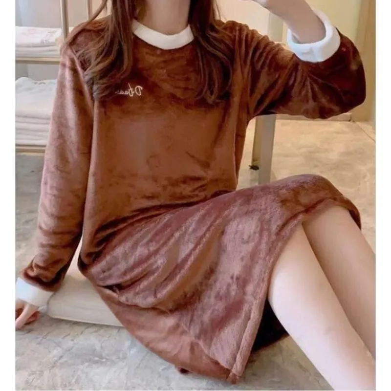 Women's Autumn Winter Flannel Thickened Pajamas Dresses Plus Size Loose Nightdress Simple Warm Homewear Solid Color Embroidered Nightdress