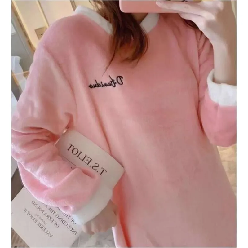 Women's Autumn Winter Flannel Thickened Pajamas Dresses Plus Size Loose Nightdress Simple Warm Homewear Solid Color Embroidered Nightdress