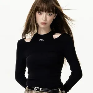 Women's Black Long Sleeve Off Shoulder Tunic Y2k Crop Tops