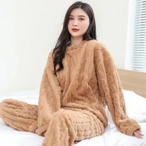 Women's Crochet Pajamas Set Plus Velvet Long Sleeves Flannel Coral Suit Home Wear Solid Color Loose Pajamas Pants Two-piece Set